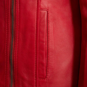 Womens red leather jacket pocket detail
