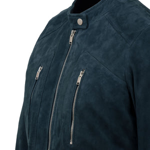 Close up of the Jane Women's Blue Suede Jacket with Silver Zips